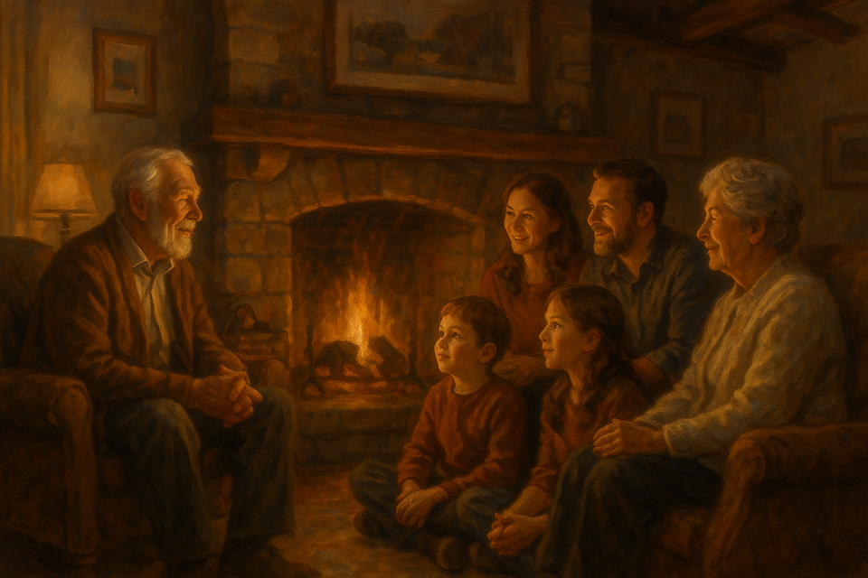 A family sharing stories around a fireplace, illuminated by its warm glow, capturing the essence of legacy and connection.