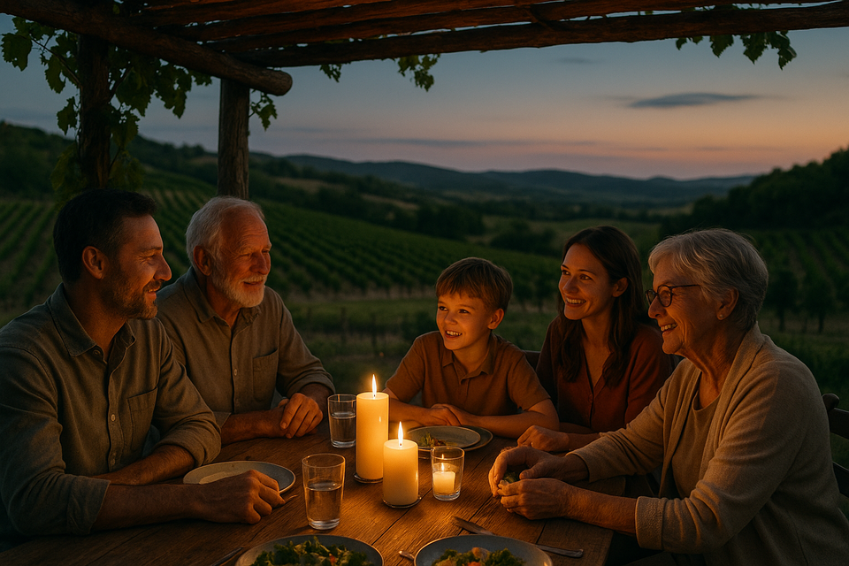 A family sharing stories at a candlelit table under a rustic pergola in a vineyard, illustrating legacy and tradition.