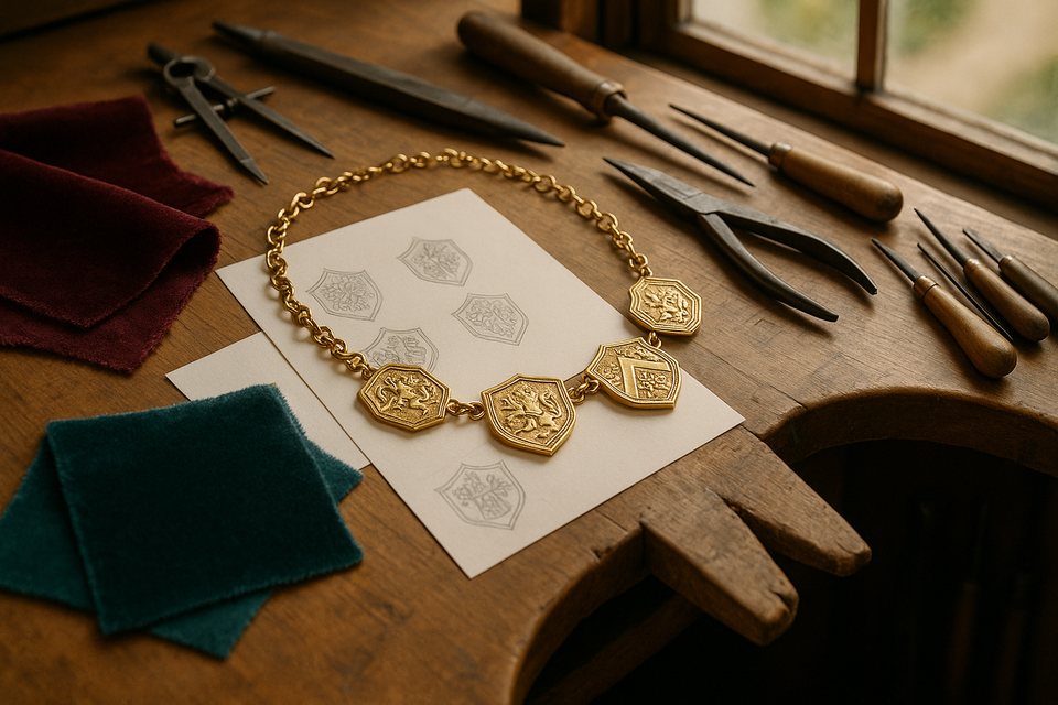 A jeweler's workbench with tools and a gold necklace in progress, symbolizing crafting family heirlooms.