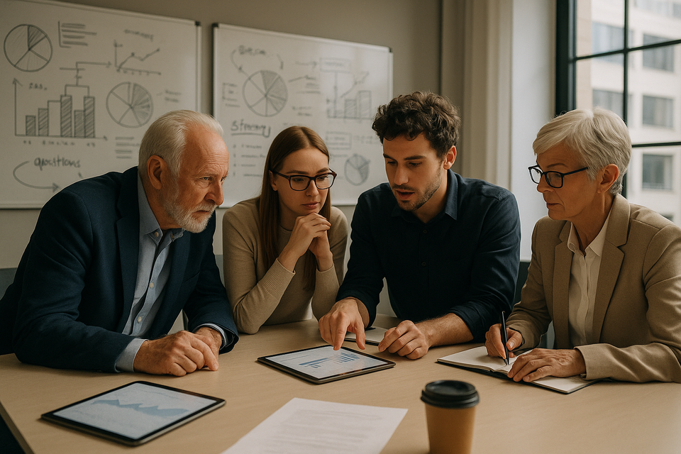A multi-generational family in a modern conference room, engaged in a planning session with whiteboards and digital tablets, embodying legacy and collaboration.