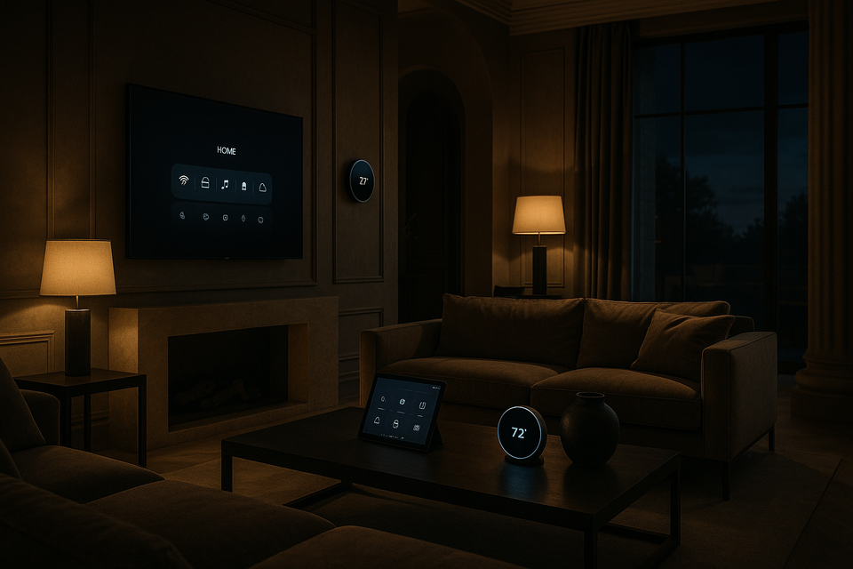 A sophisticated living room with smart home devices and luxurious decor, bathed in soft evening light.