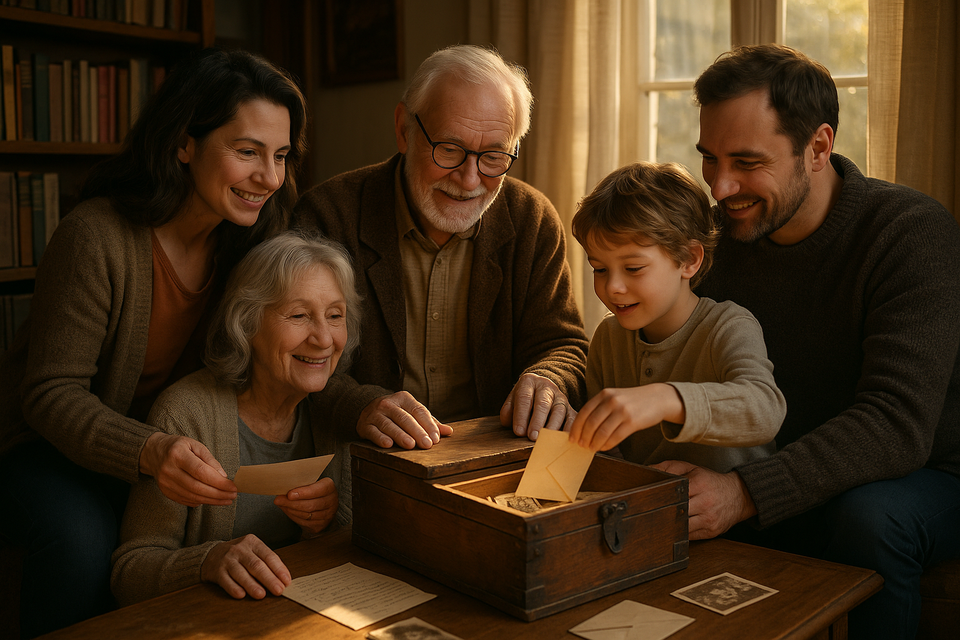 Family gathered around a wooden chest in a library adding items to a time capsule under warm sunlight.