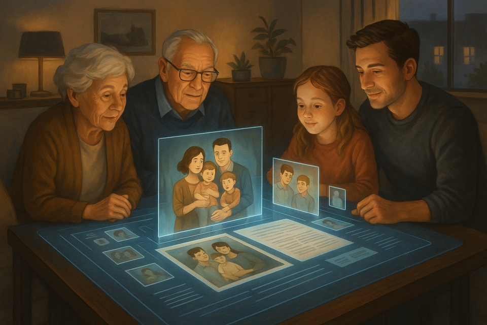 Family interacting with a futuristic digital archive table displaying holographic family photos and stories.