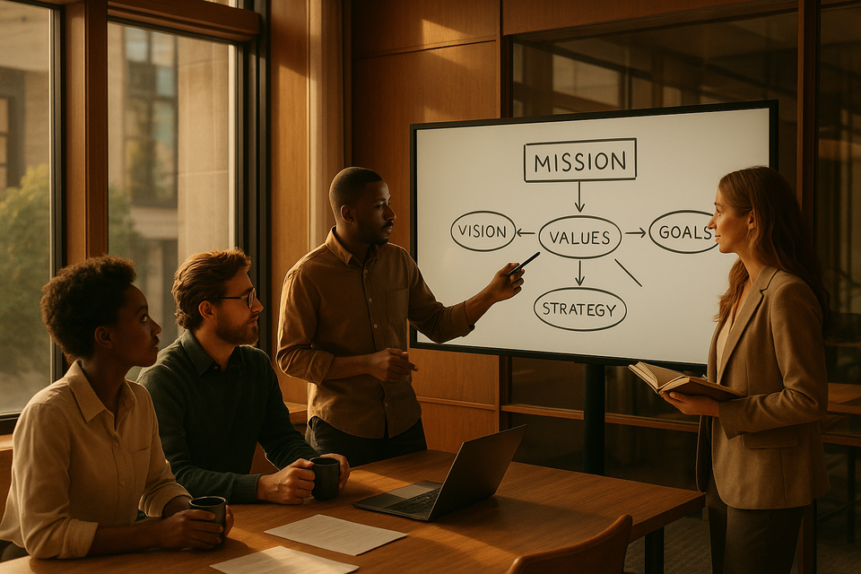 Team collaborating in a modern office, designing values-driven mission statement.