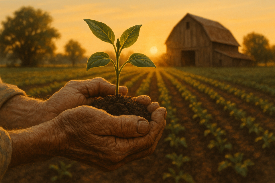 A family farm at dawn with sunlight over crops and a barn, symbolizing heritage.