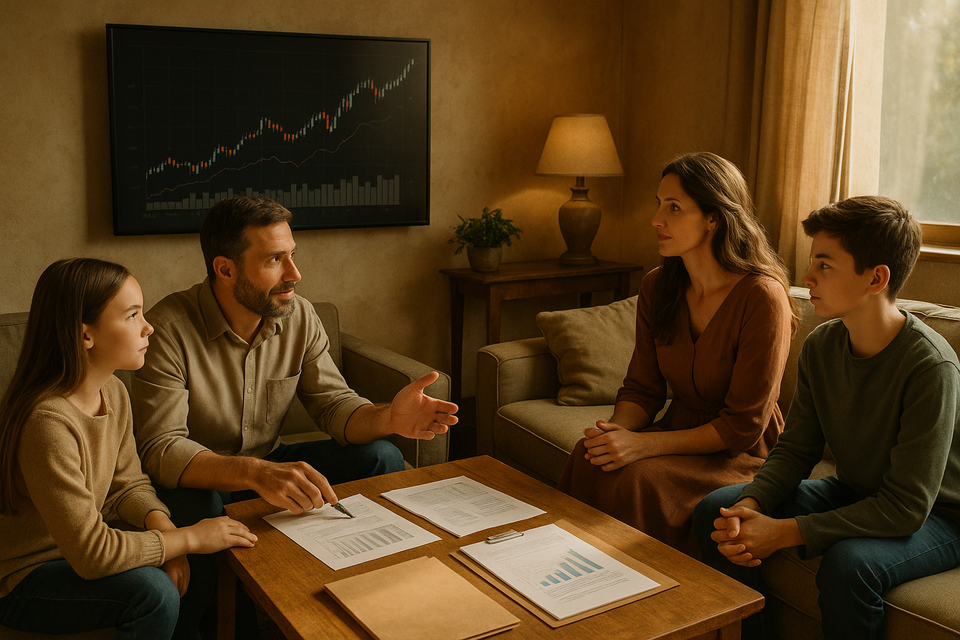 A family in a sunlit room discussing investments with charts on screen and documents on the table.