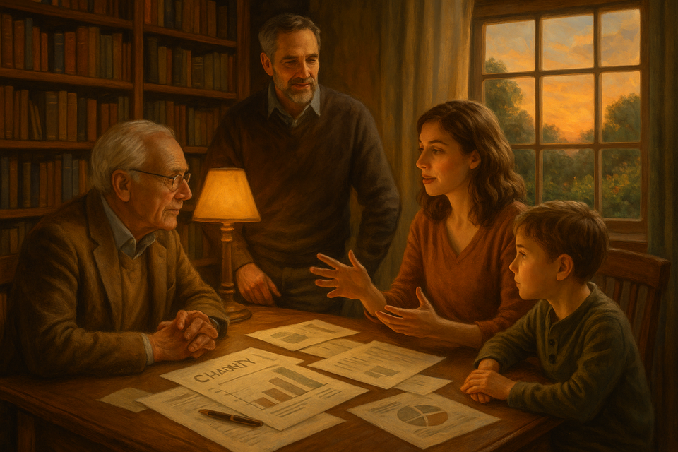 A family in a warmly lit study discussing philanthropy, surrounded by books and documents, with a sunset garden view.