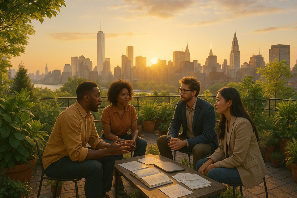 A group of diverse entrepreneurs in a rooftop garden overlooking a city skyline at sunrise, embodying visionary entrepreneurship.