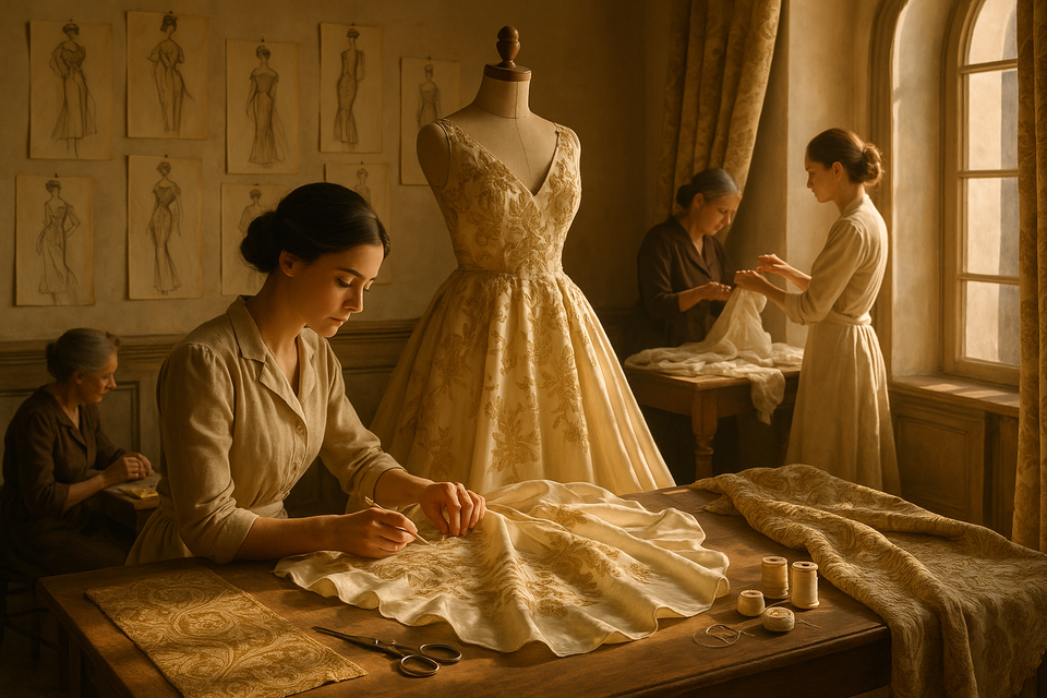 A sunlit atelier with seamstresses crafting a silk dress amidst vintage fashion sketches, conveying timeless artistry.