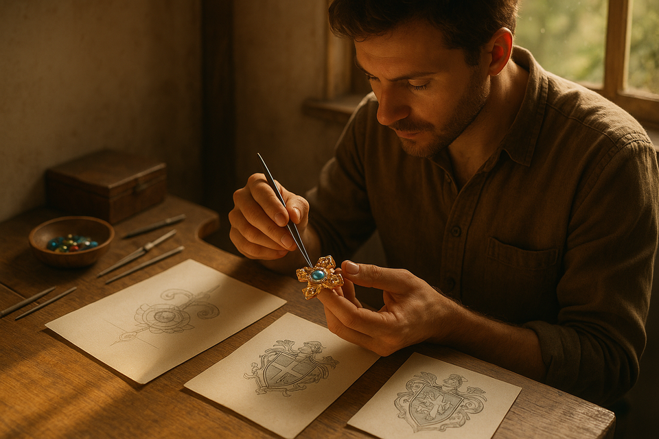 Artisan crafting jewelry in a sunlit studio surrounded by sketches and family crests.