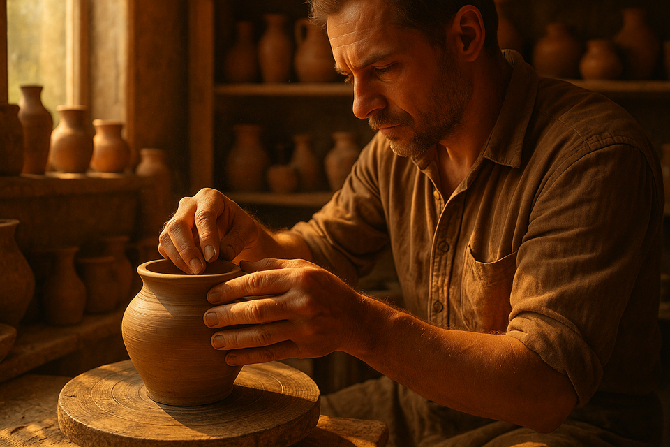 Artisan working in a traditional workshop surrounded by handcrafted pieces.