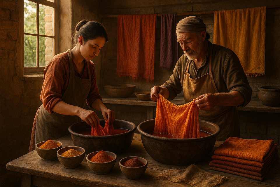 Artisans hand-dyeing fabric in a workshop at dawn, showcasing vibrant colors and ancestral techniques in soft morning light.