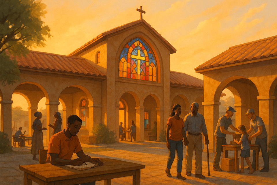 Community center with faith-inspired architecture at sunrise, stained glass windows, and diverse community members.