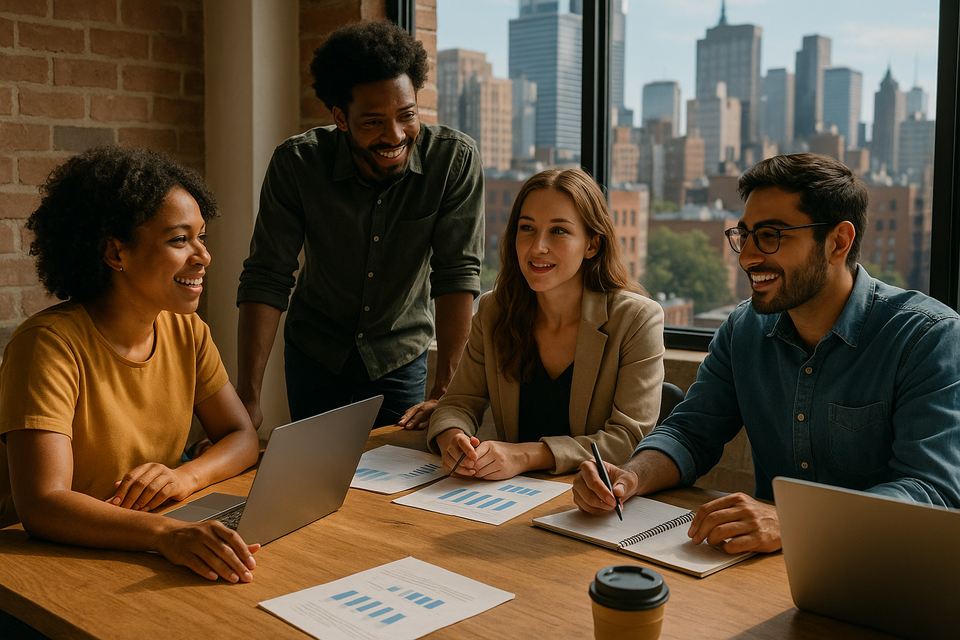 Diverse entrepreneurs in a modern co-working space with cityscape view, collaborating with laptops and paperwork.