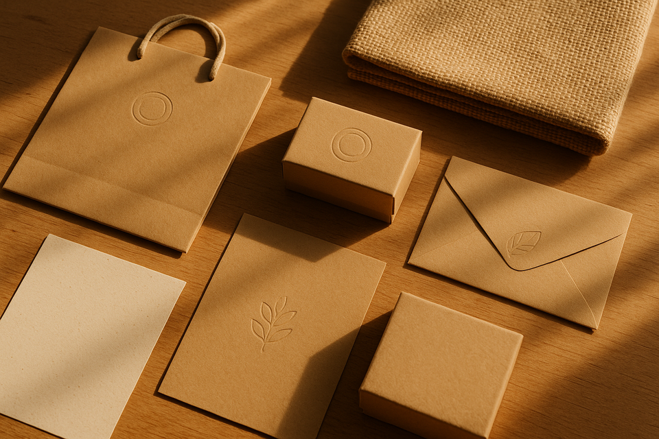 Eco-friendly design studio with custom packaging prototypes in natural light, emphasizing innovation and sustainability.
