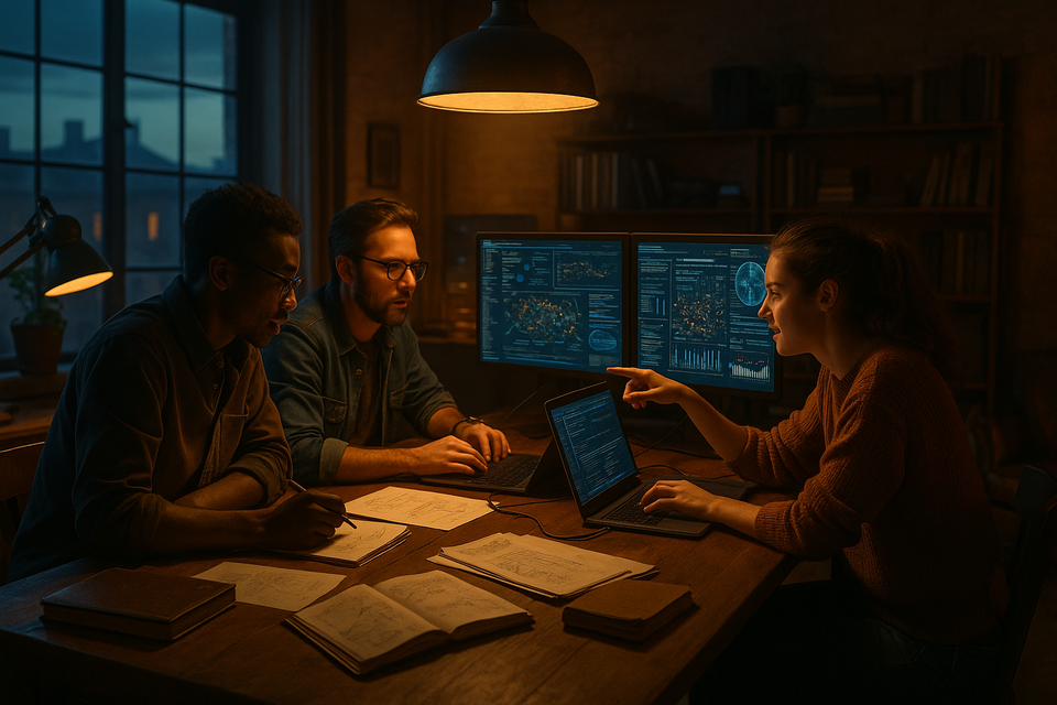 Tech lab with developers working at a table, screens showing data analytics, modern and vintage design elements at dusk.