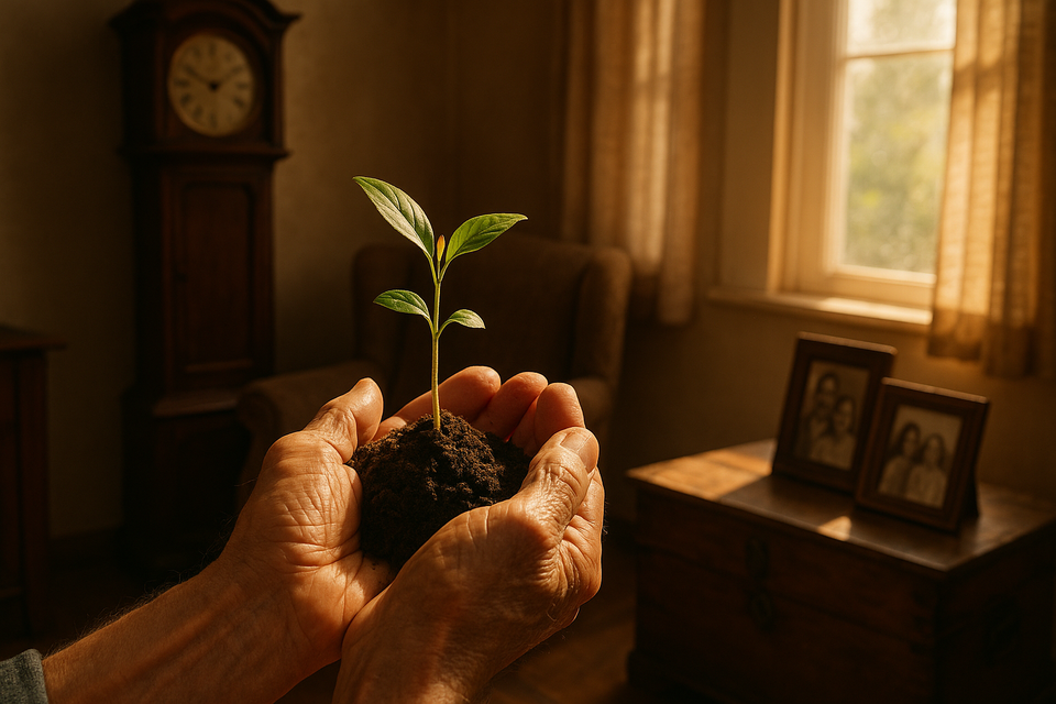 A cozy family study with heirlooms, a grandfather clock, and warm afternoon light.