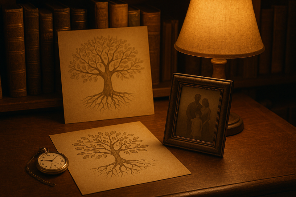 A cozy study filled with old books and a family tree sketch, illuminated by a warm table lamp, evoking history and legacy.