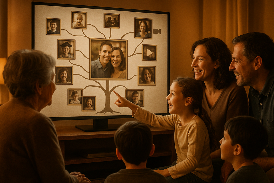 A multigenerational family gathered around a digital family tree, symbolizing connection and legacy preservation.