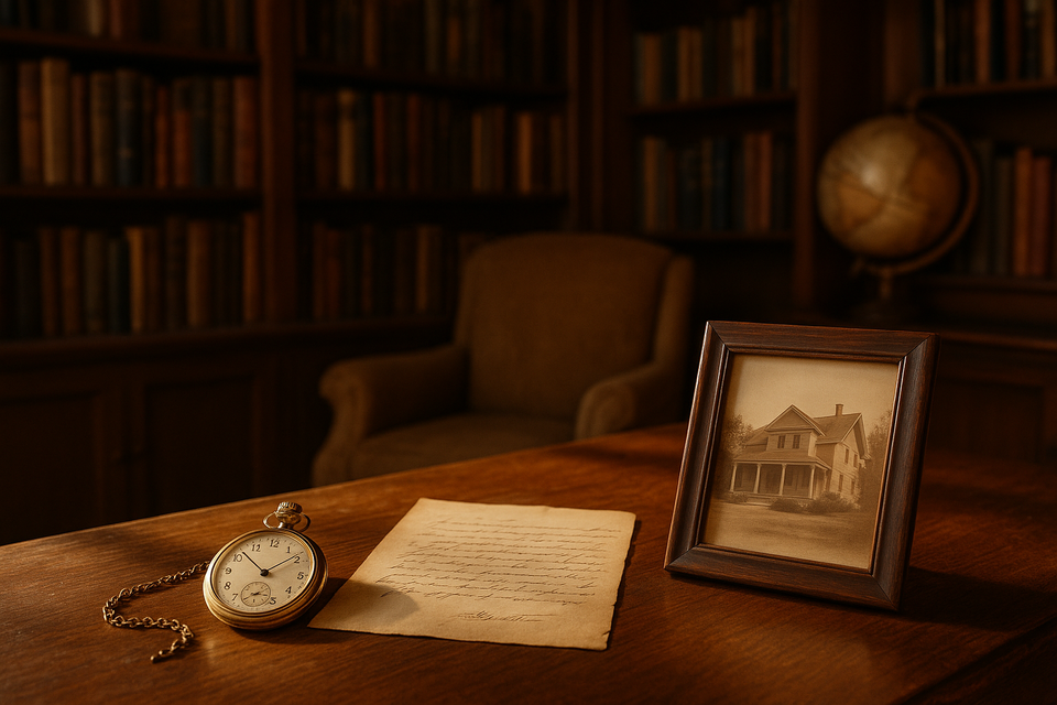 A sunlit family library with antique wooden shelves filled with books and a vintage globe, creating a sense of history and legacy.