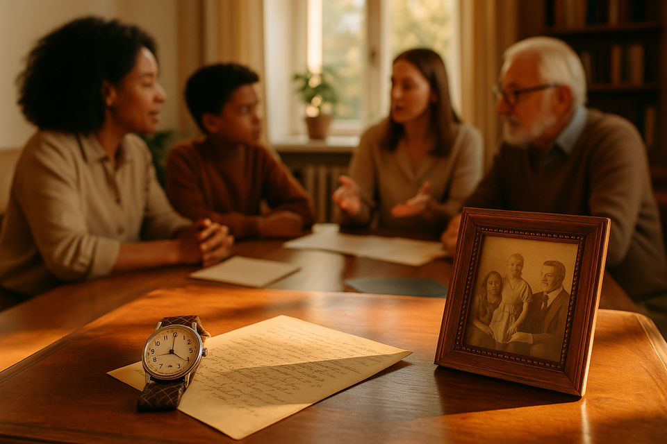 A sunlit family study with family members planning philanthropic efforts surrounded by heirlooms, reflecting tradition and legacy.