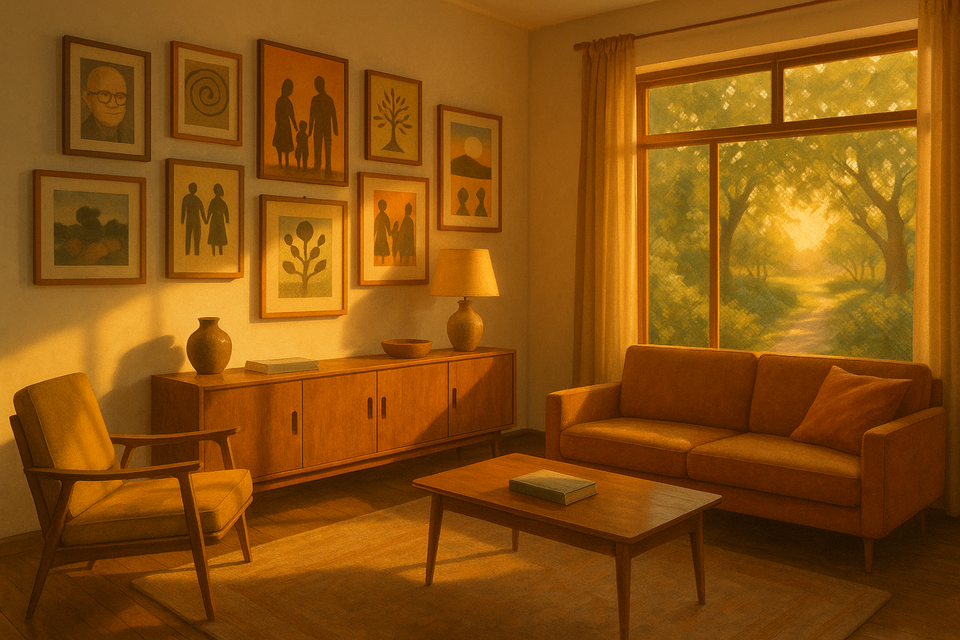 A warm family living room with diverse artwork and a large window overlooking a garden, in evening light.