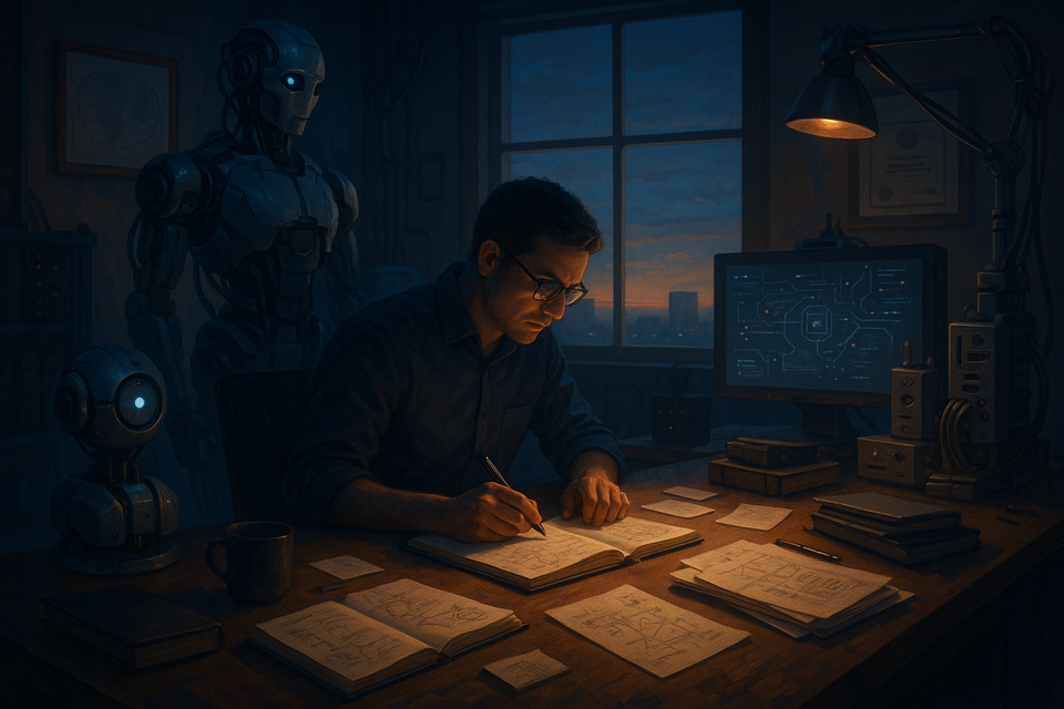Entrepreneur in a high-tech lab at dawn, blending AI equipment with traditional business elements.