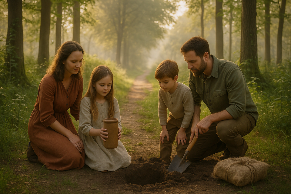 Family burying a biodegradable time capsule in a sunlit forest, symbolizing sustainability and legacy.