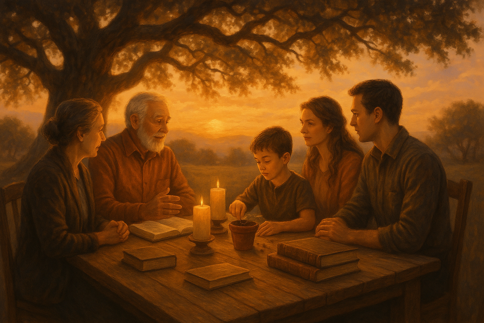Family discussing spiritual legacies under a sunset-lit oak tree, surrounded by candles and books.