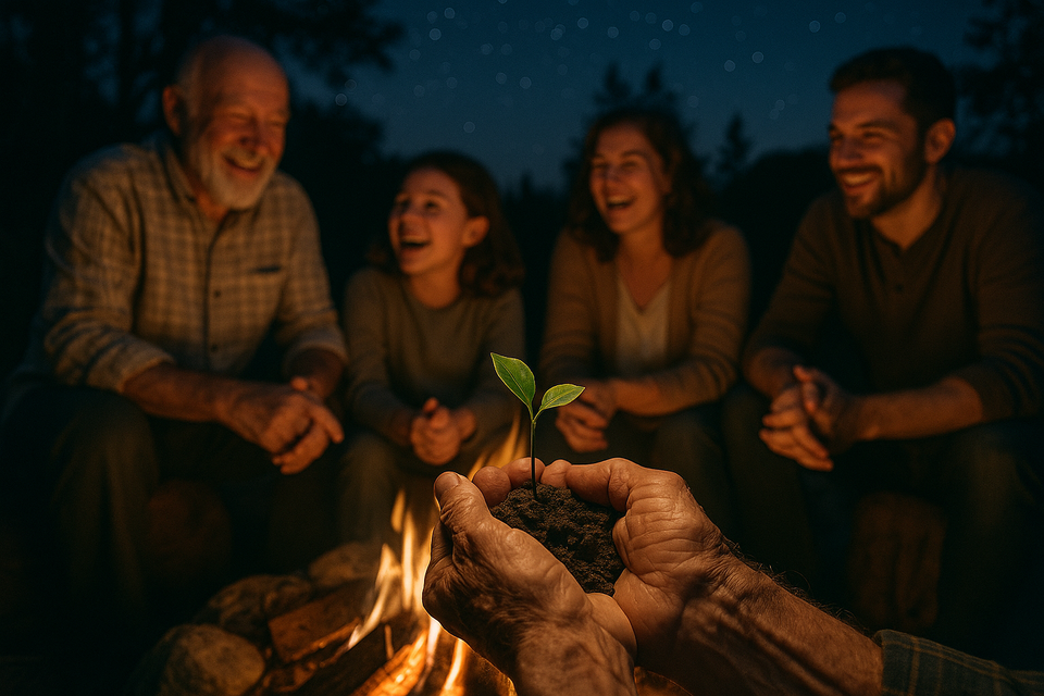 Family gathered around a campfire under a starry night, sharing stories and laughter, capturing connection and legacy.