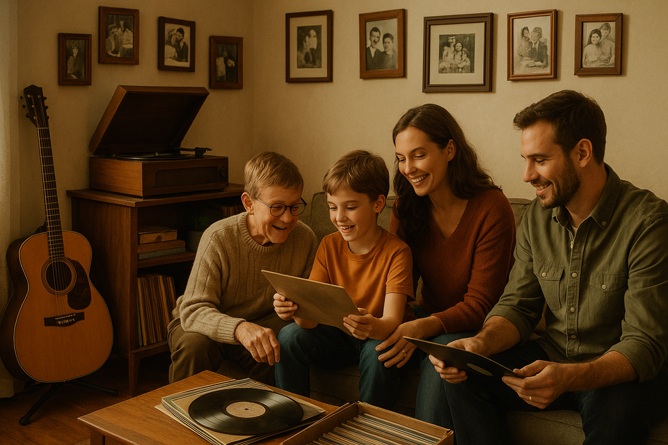 Family in cozy living room with musical instruments and vintage record player, selecting records together.