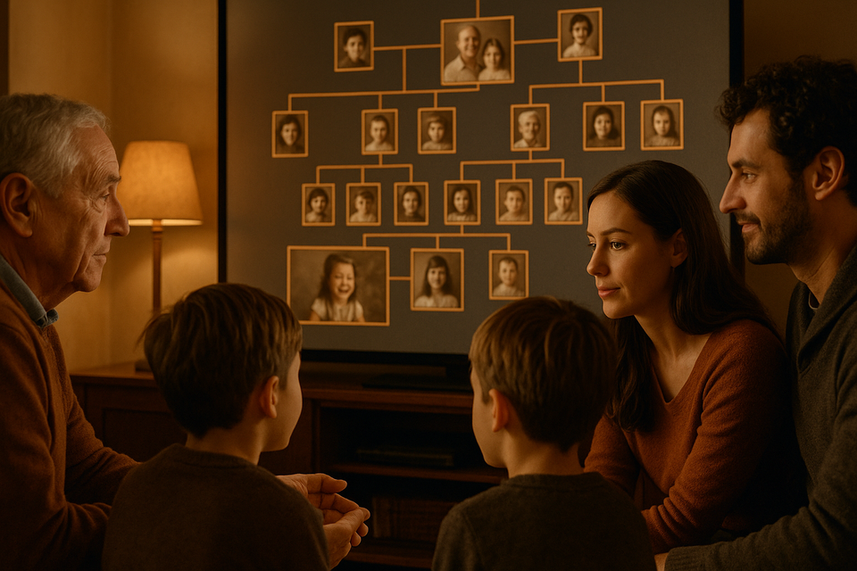 Family interacting around a digital family tree on a large screen, symbolizing connection and legacy.