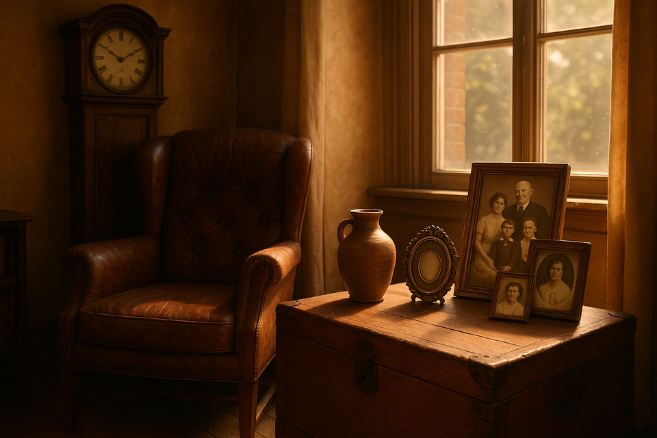 Family study with heirlooms including a grandfather clock, armchair, and chest with photos, in sunlit warmth.
