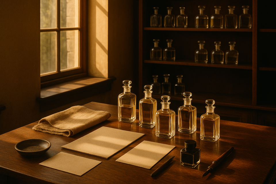 Luxurious perfume atelier with sunlight on elegantly crafted bottles, conveying sophistication.