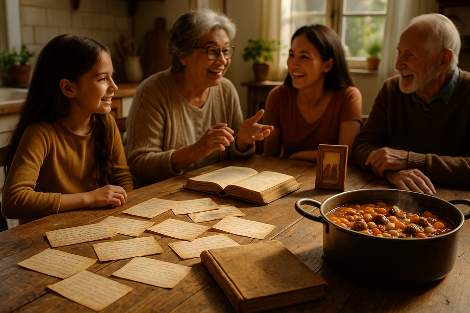 Sunlit kitchen with family members gathered around a table covered in recipe cards and a vintage cookbook, evoking tradition and legacy.