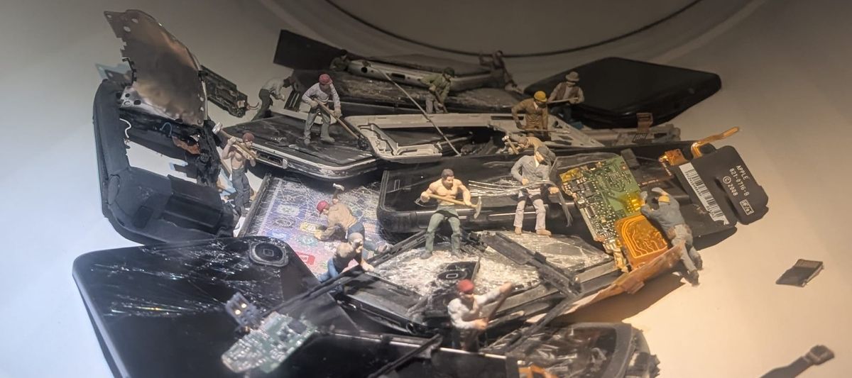 A diorama showing construction workers dismantling cellphones. Image taken by me at Meow Wolf, Denver.
