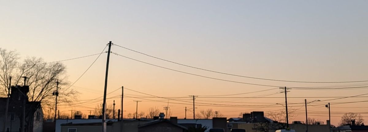 Power lines at sunset in winter.