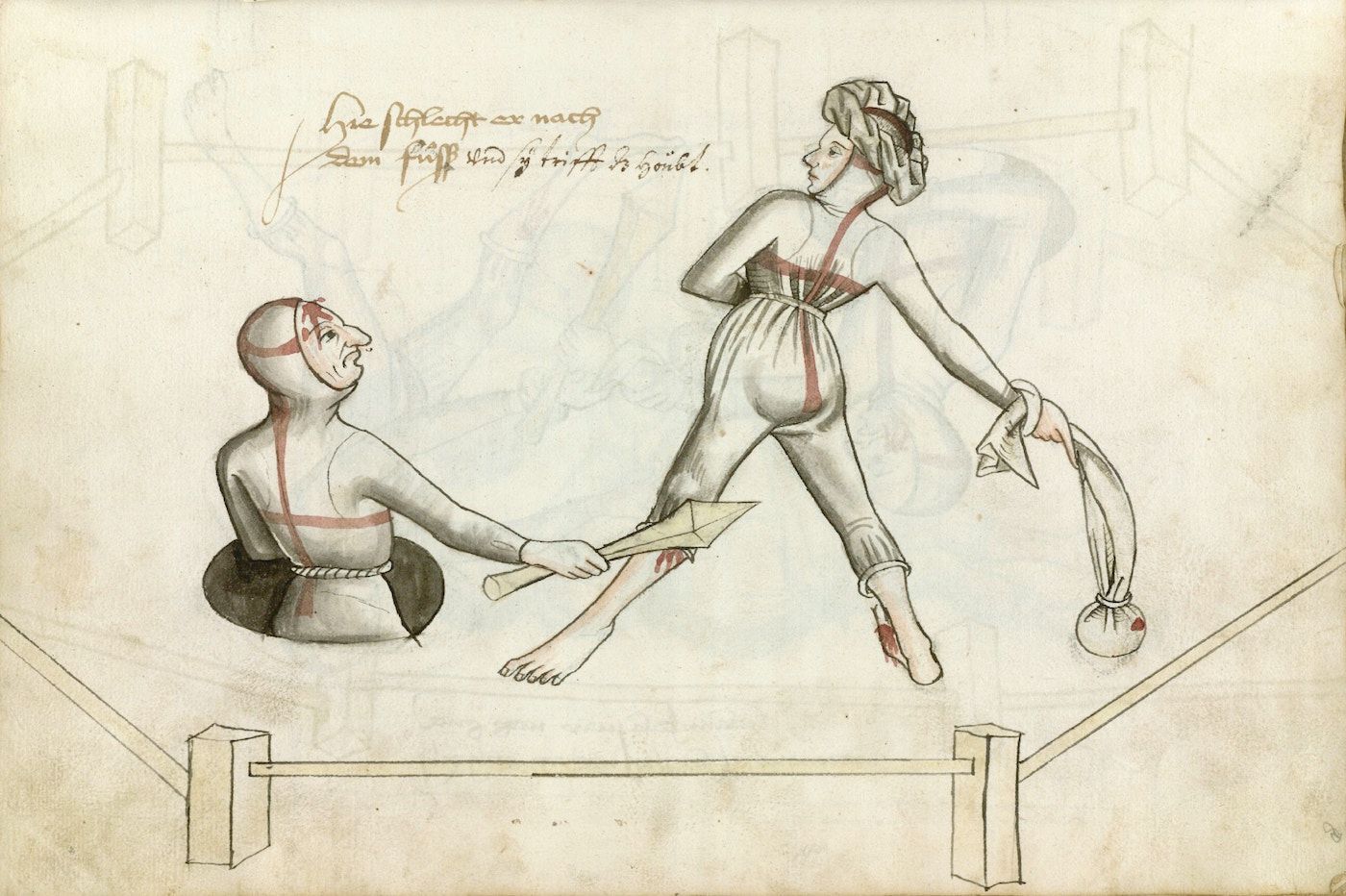 Illustration of a woman swinging a bag full of something heavy, about to wallop the hell out of a dude carrying a sword/club kind of thing that he's used to cut her leg and foot already.