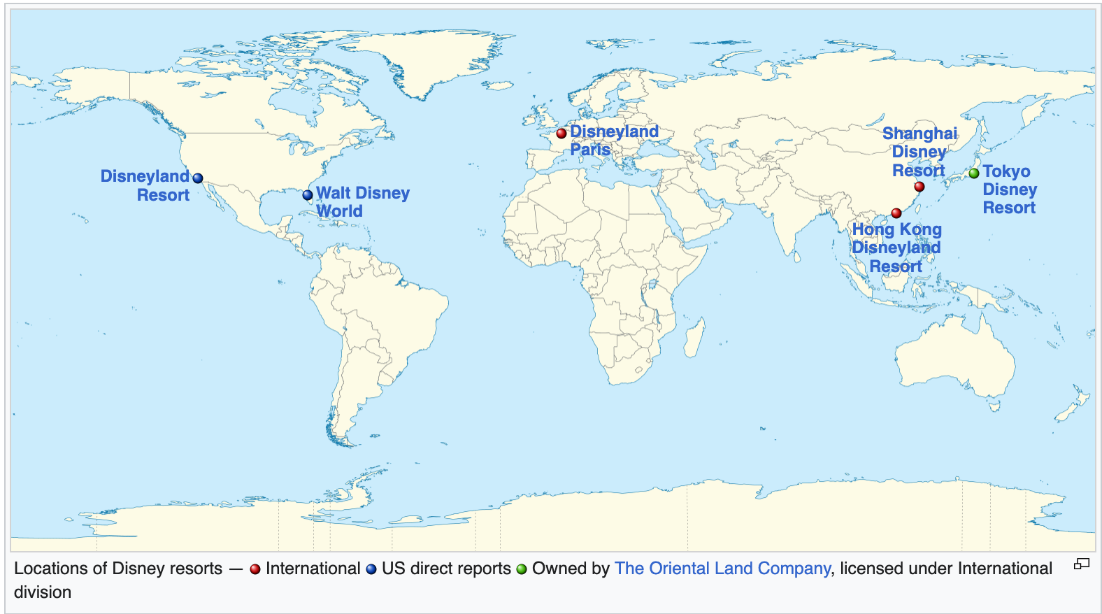 A map of the world with the various Disney park locations labeled.