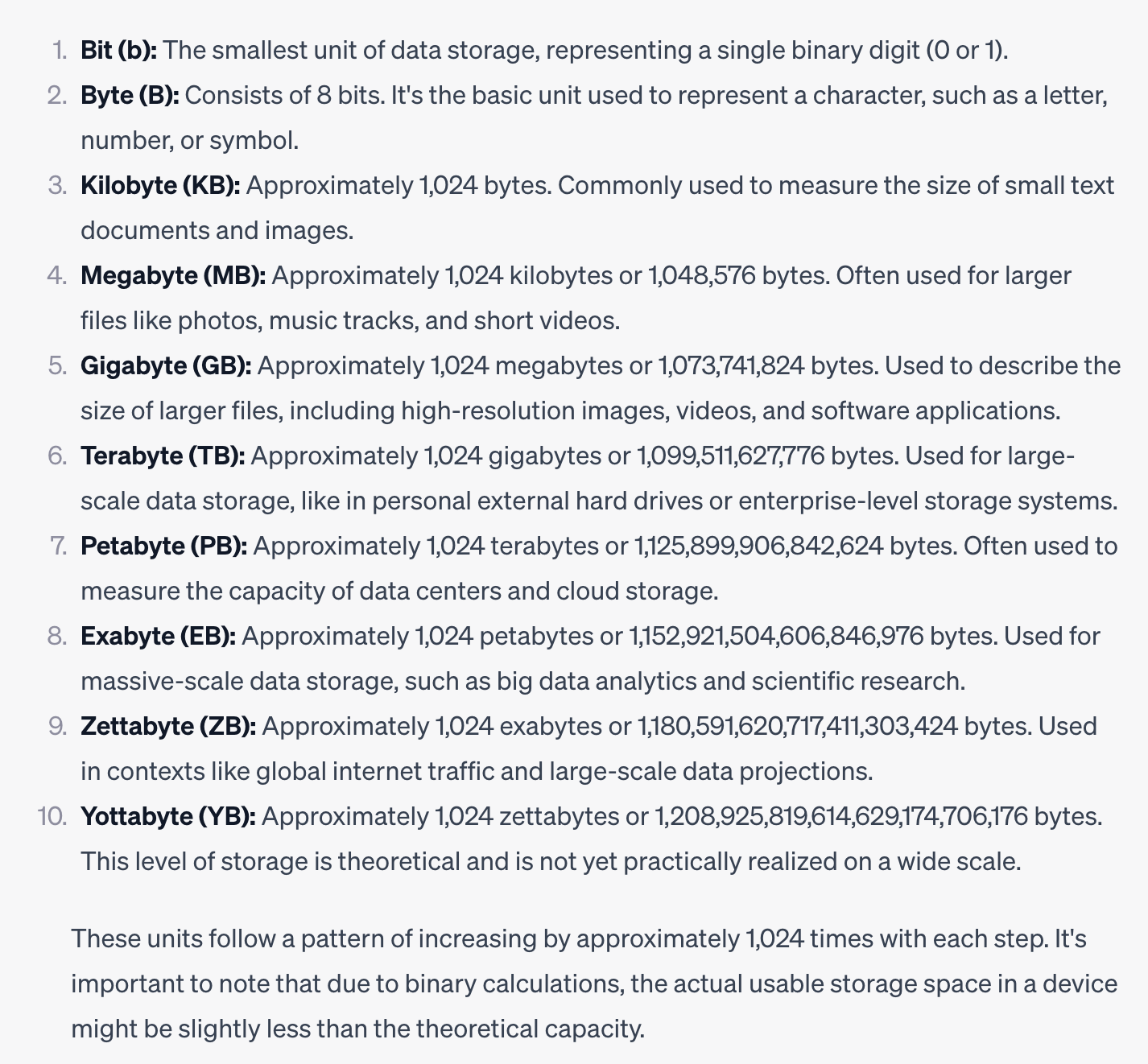 ChatGPT made this for me and it seems correct for once (although I didn't check the math on how many bytes are in all the big units)