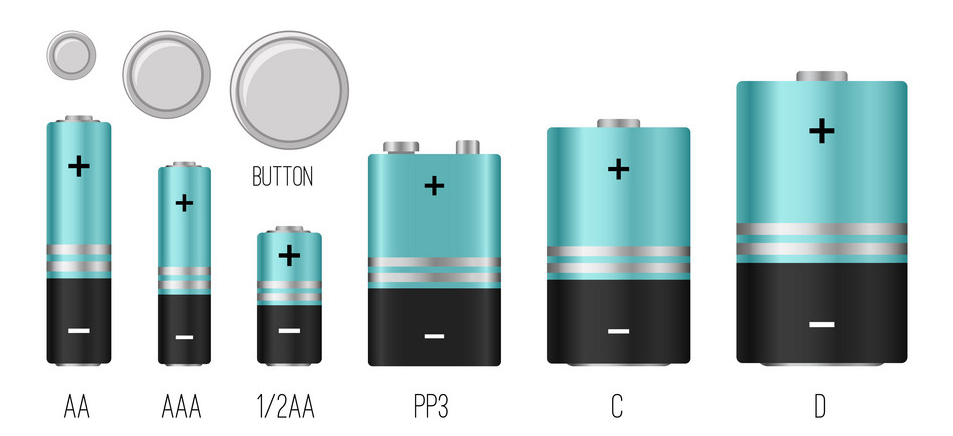 AA, AAA, 1/2AA, PP3, C, D, and button batteries