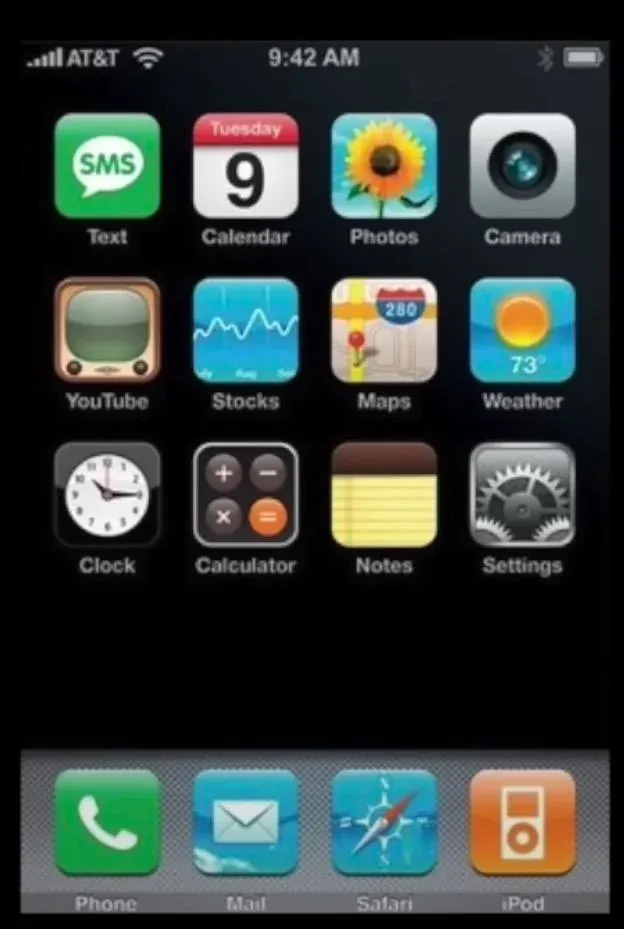 Screenshot of the original iPhone homescreen, with all 16 of the built-in apps.