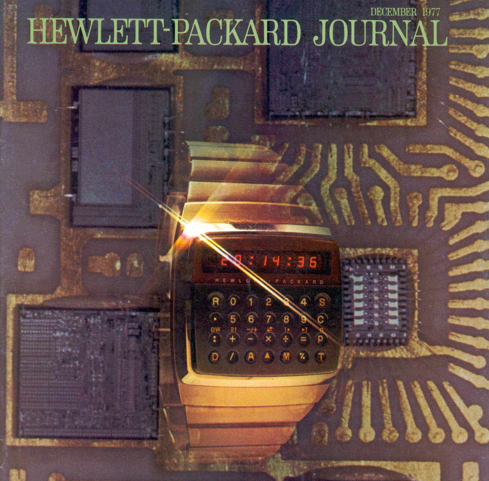 A very handsome photo of a gold (or gold-colored?) calculator watch, from the 1977 Hewlett-Packard Journal