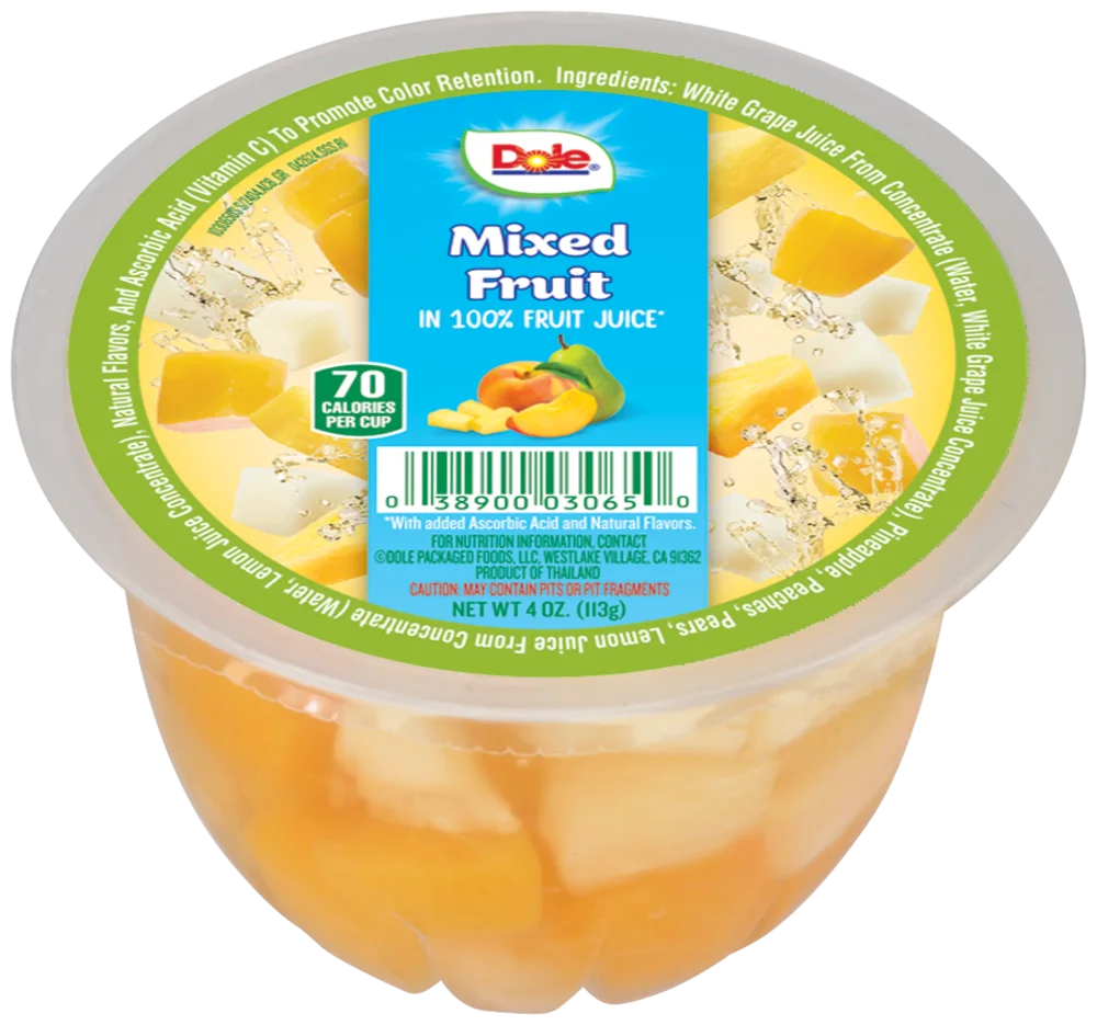 Cup of Dole Mixed Fruit in 100% Fruit Juice* (With added Ascorbic Acid and Natural Flavors.)
