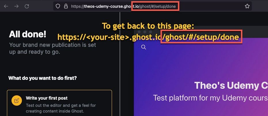 Screen capture showing using /ghost/#/setup/done to get to Setup page in Ghost