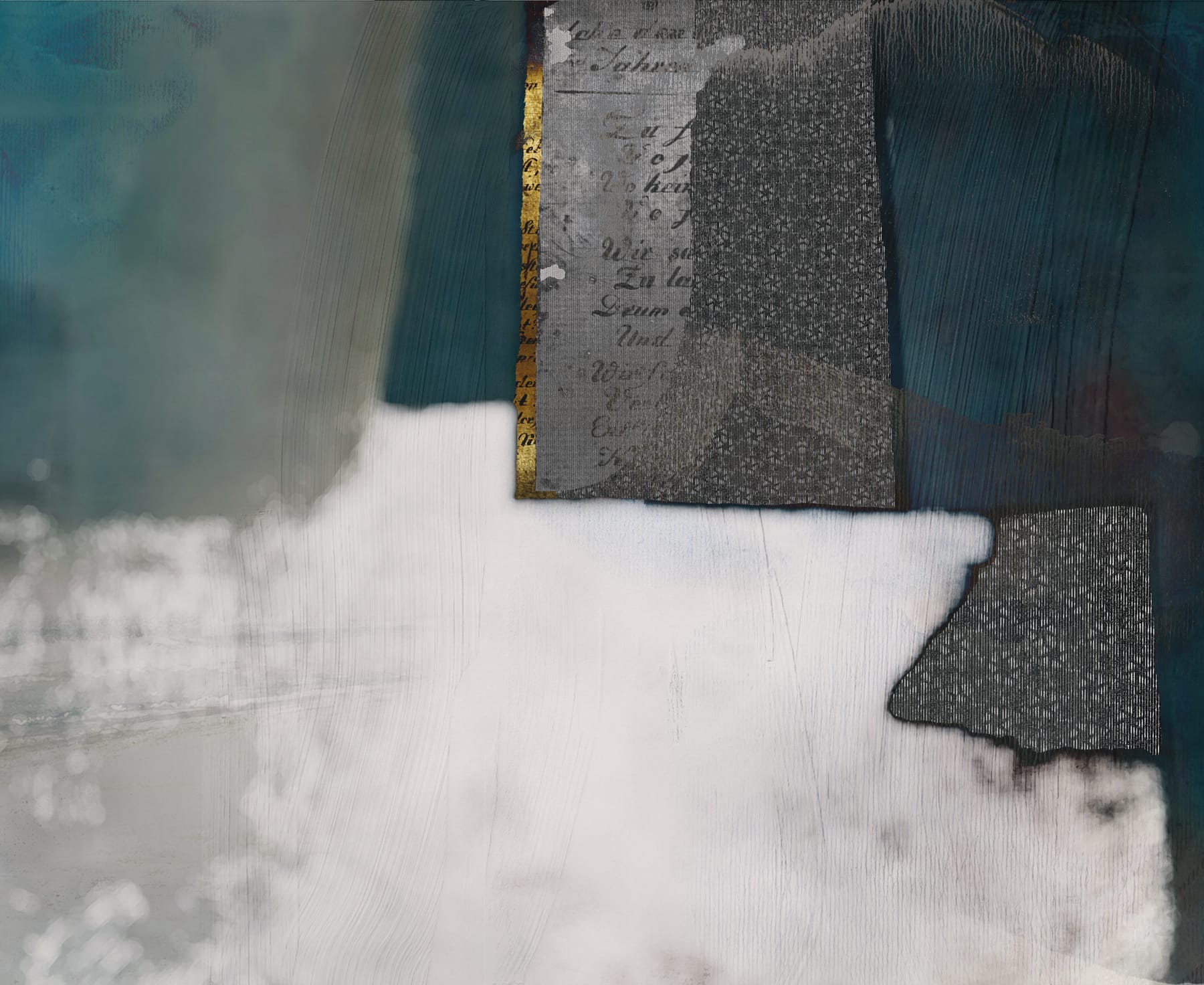 Storm-damaged Japanese paper: blue-grey stains and a tangle of pale gold fibres on a ribbed grey sheet, hovering somewhere between surface and landscape.