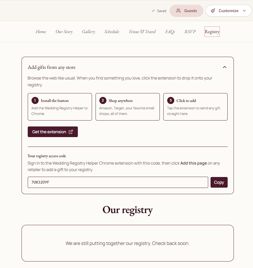 Wedding registry page inside a venue-branded wedding planning portal showing universal gift registry setup and registry management tools