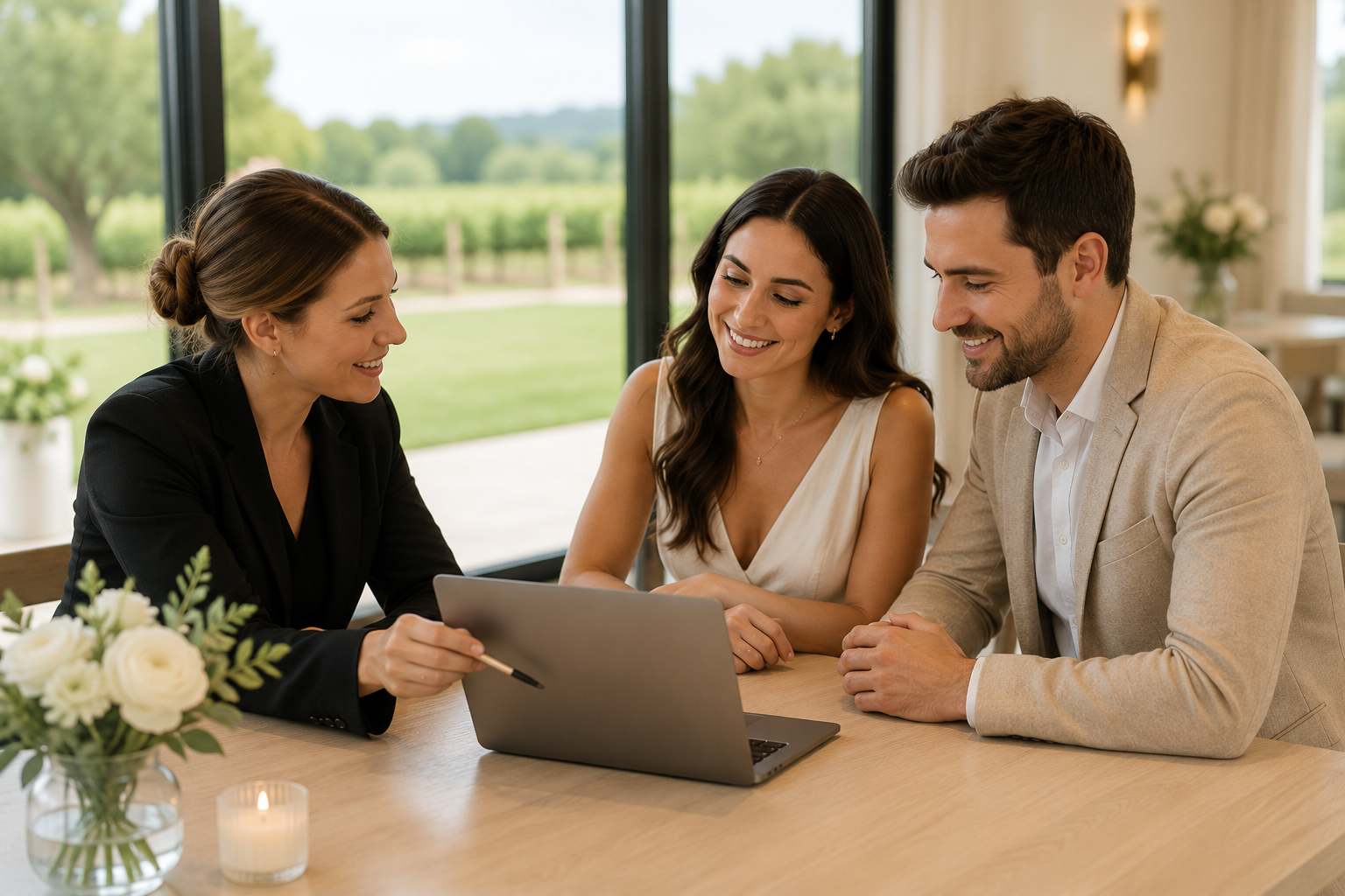 Wedding venue coordinator helping an engaged couple plan seating charts and wedding details using a digital planning portal
