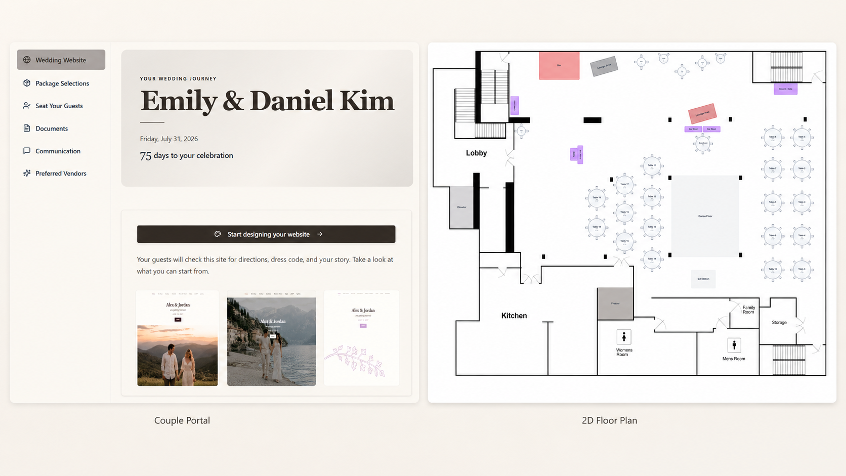 Prismm alternative for wedding venues with 2D floor plans and a couple planning portal