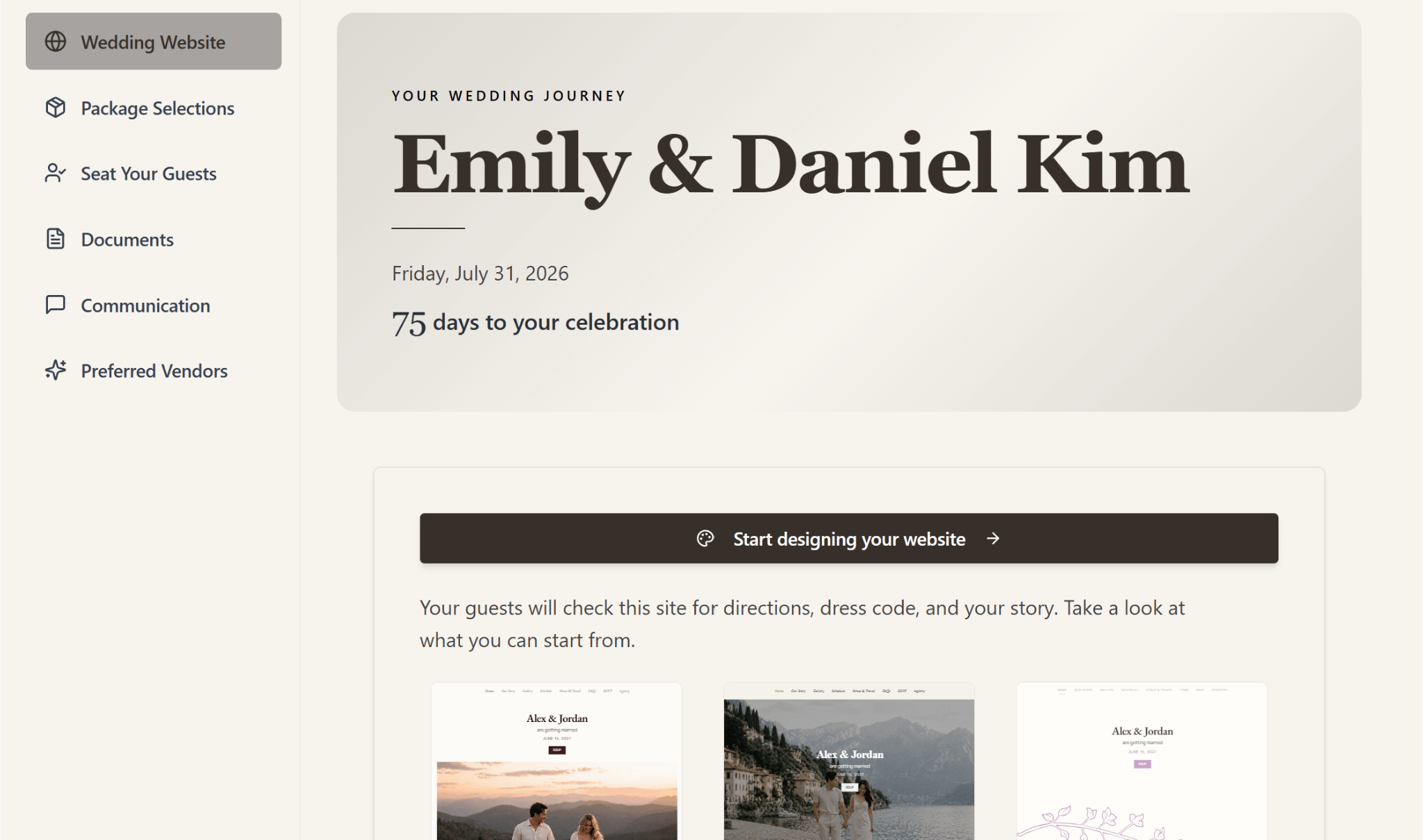 Branded wedding planning portal for venues with guest tools, seating charts, and wedding website builder.